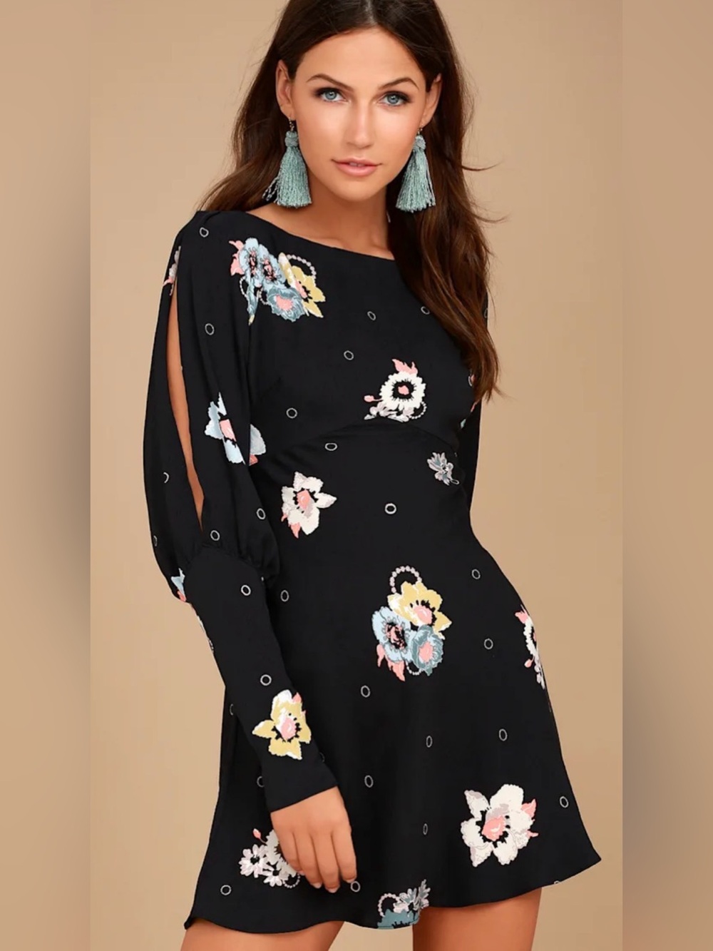 Free People Sunshadows Black Floral Print Split Sleeve Mini Dress size 8